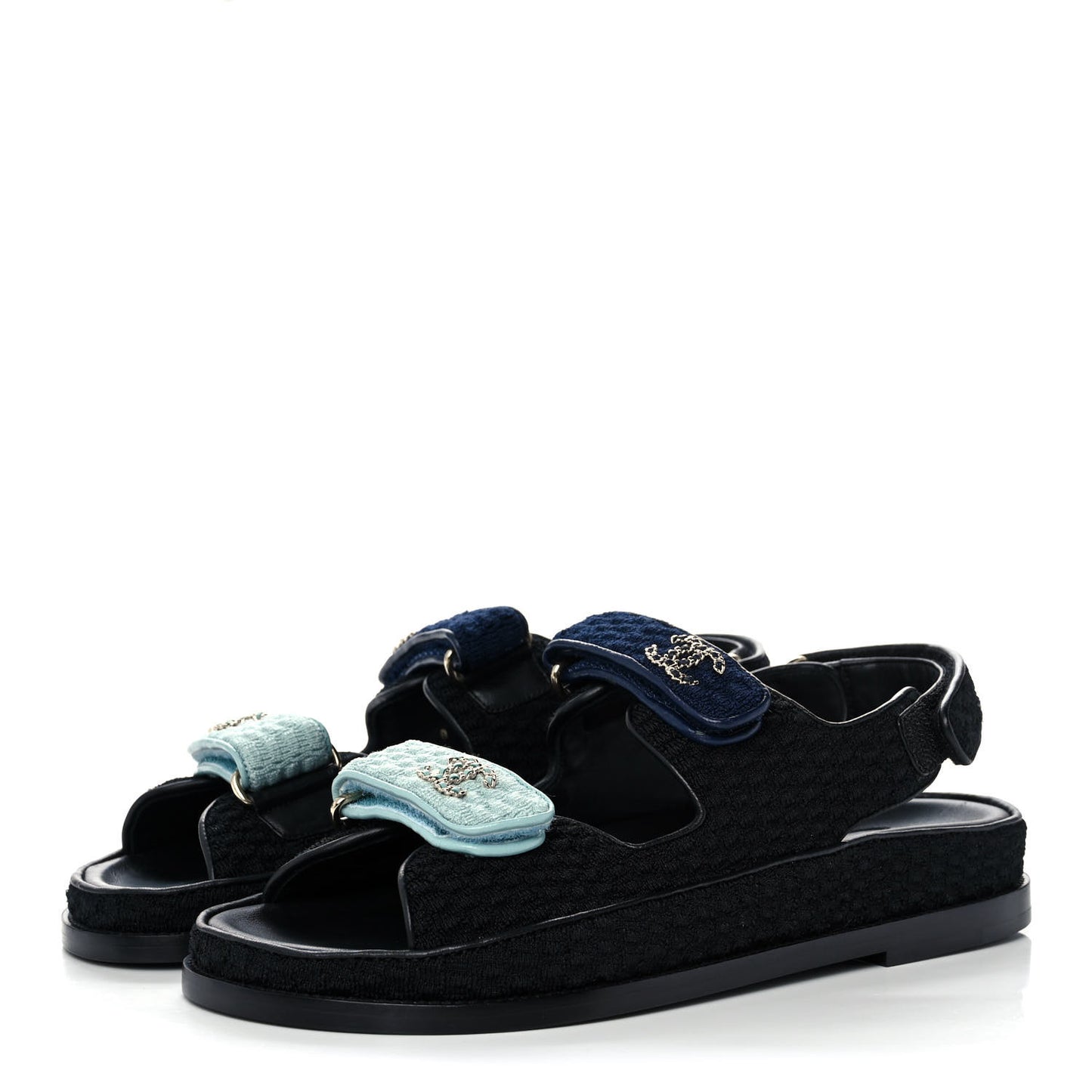 Knit Fabric Velcro Dad Sandals 38.5 Black Dark Blue Light Blue