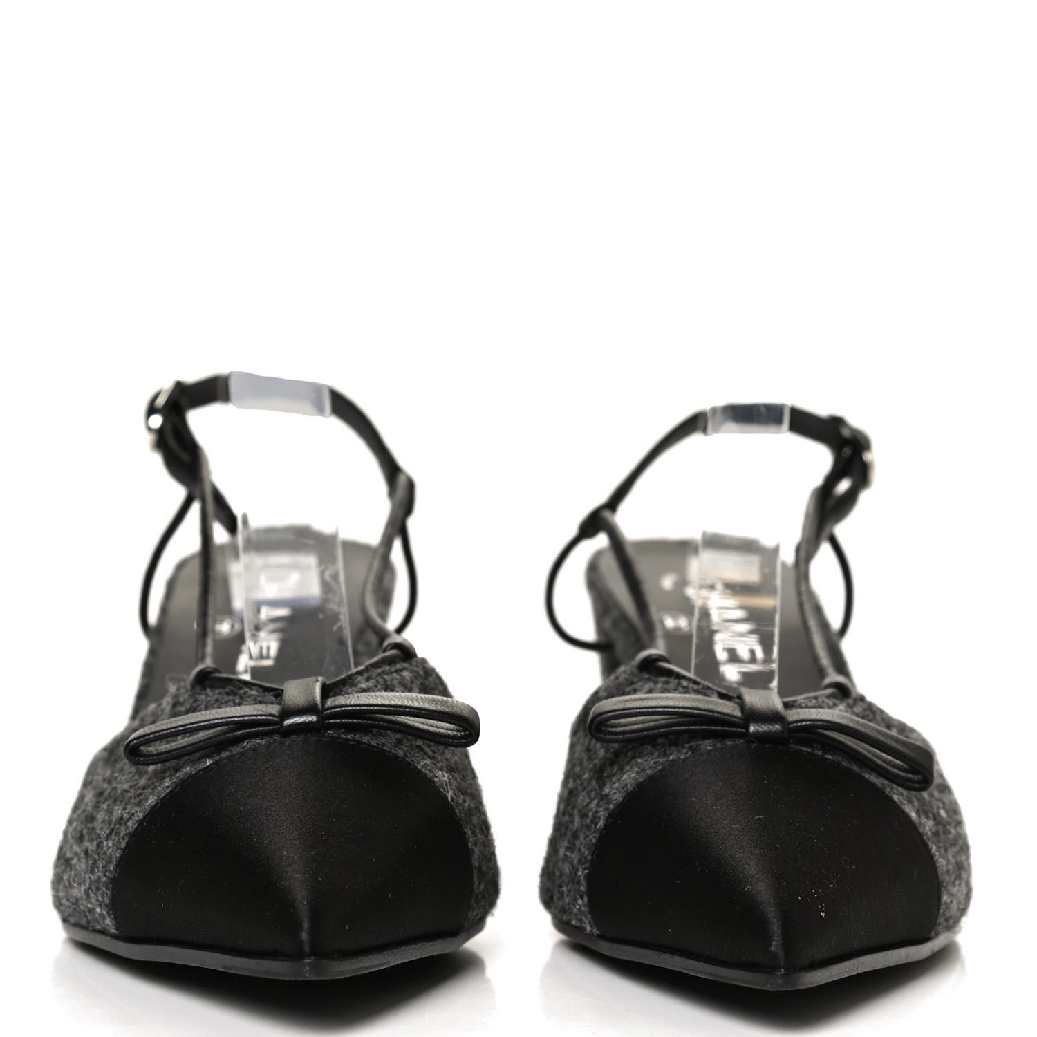 Chanel Tweed Satin Slingback Cap Toe Bow Pumps 39.5 Grey Black 2 of 11