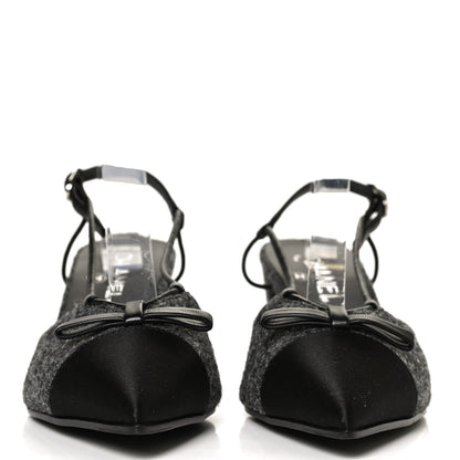 Chanel Tweed Satin Slingback Cap Toe Bow Pumps 39.5 Grey Black 2 of 11