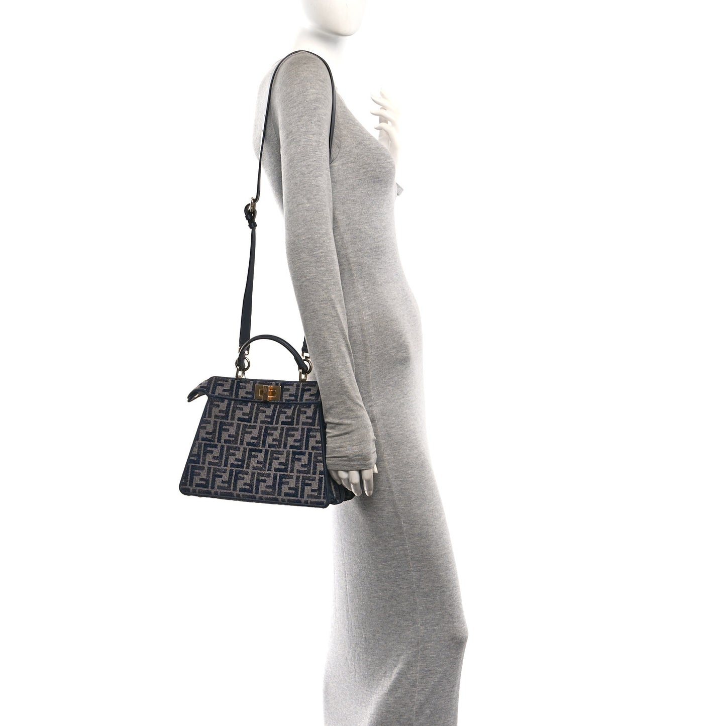 Chenille Vitello Seta FF Small Peekaboo I SEE U Satchel Grigio Blue Notte
