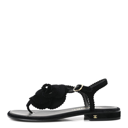 Chanel Velvet Pearl Camellia Thong Sandals 37.5 Black 1 of 10