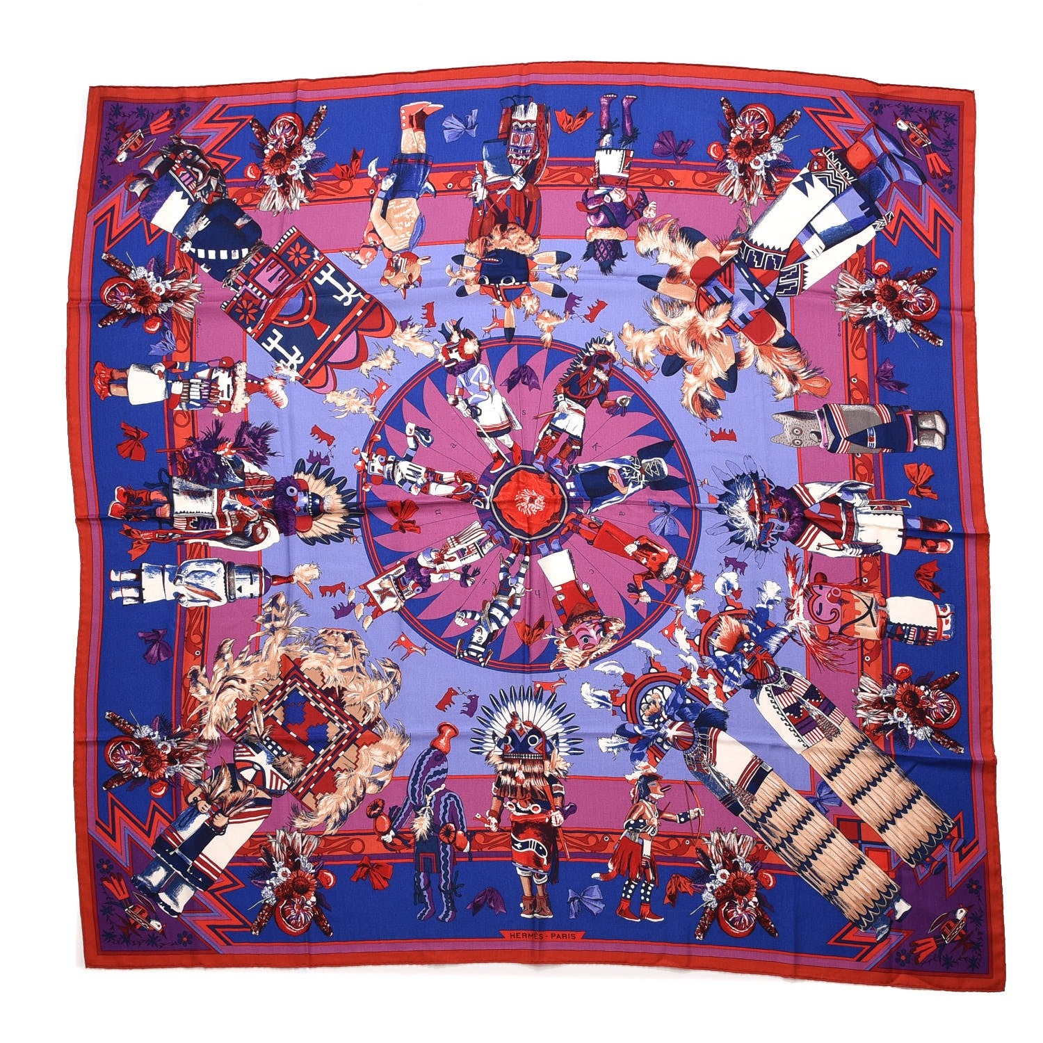 Hermes Cashmere Silk Kachinas Shawl 140 Rouge Bleu Parme 1 of 7