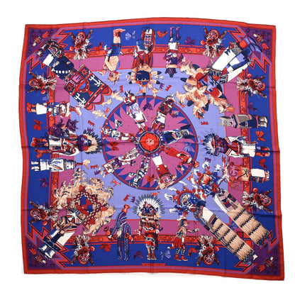 Hermes Cashmere Silk Kachinas Shawl 140 Rouge Bleu Parme 1 of 7