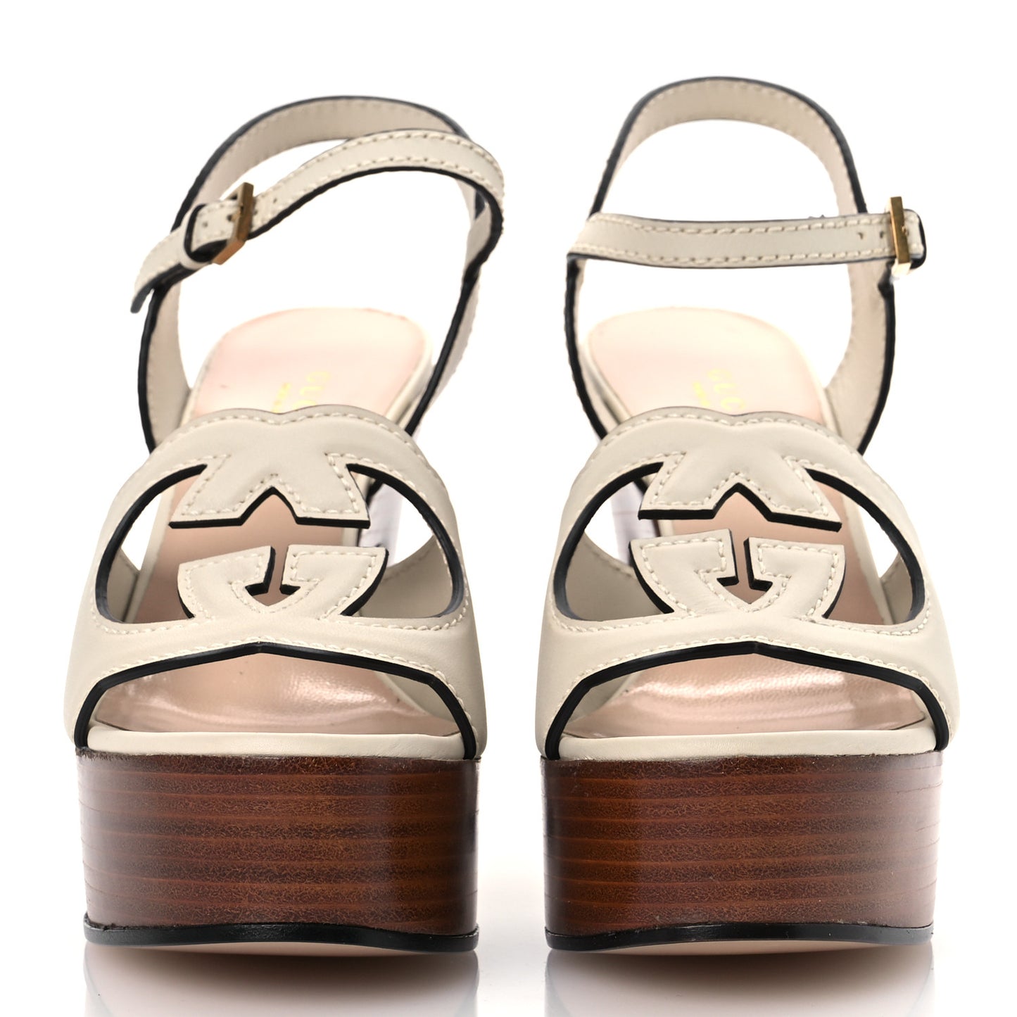 Cosmos Softy Calfskin Wooden Interlocking G Cut-Out 30/120mm Platform Sandals 35.5 Mystic White