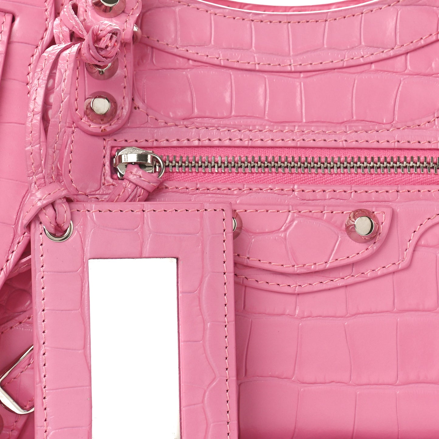 Shiny Supple Calfskin Crocodile Embossed Classic Silver Hardware Mini City Baby Pink