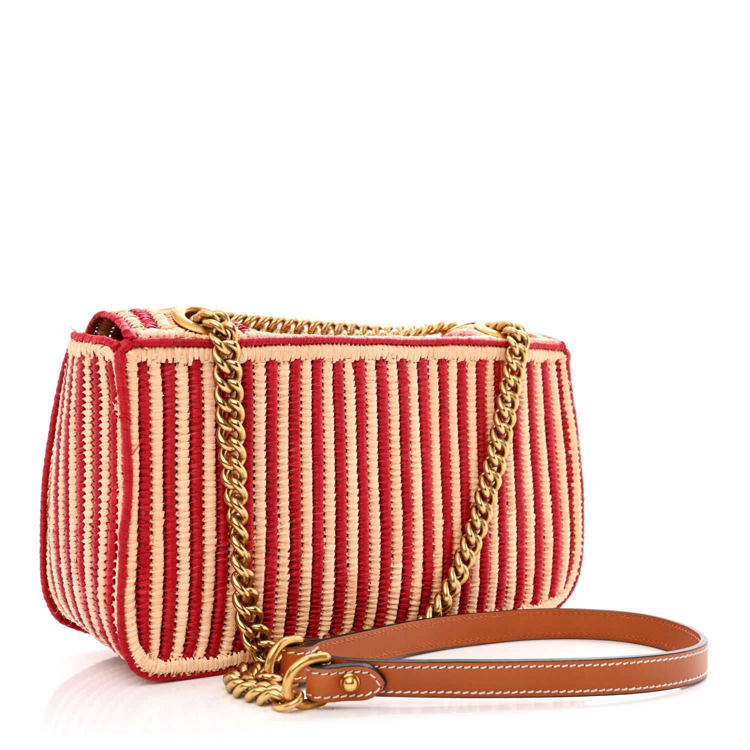 Gucci Raffia Woven Small GG Marmont Shoulder Bag Natural Hibiscus Red 3 of 12