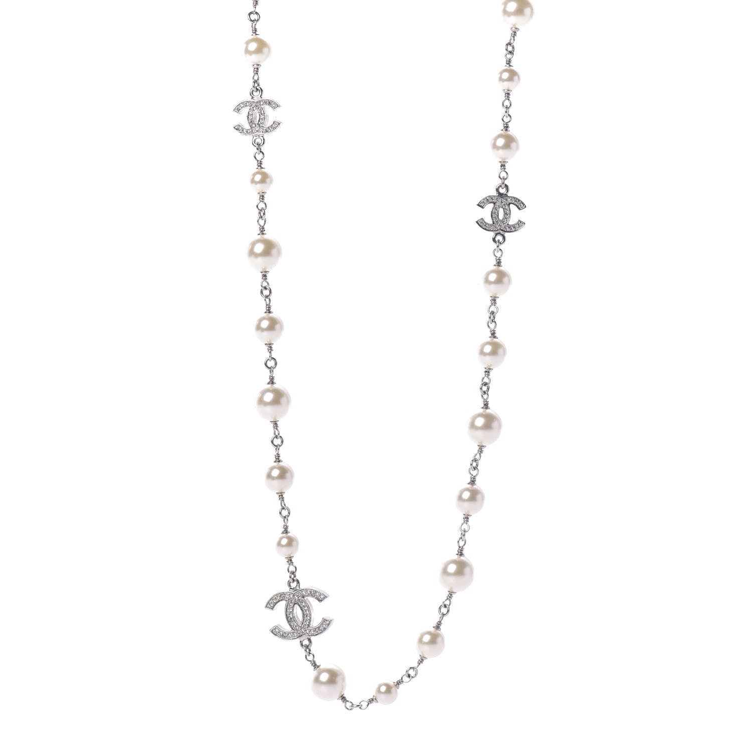 Chanel Crystal Pearl CC Long Necklace Silver 1 of 6