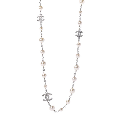 Chanel Crystal Pearl CC Long Necklace Silver 1 of 6