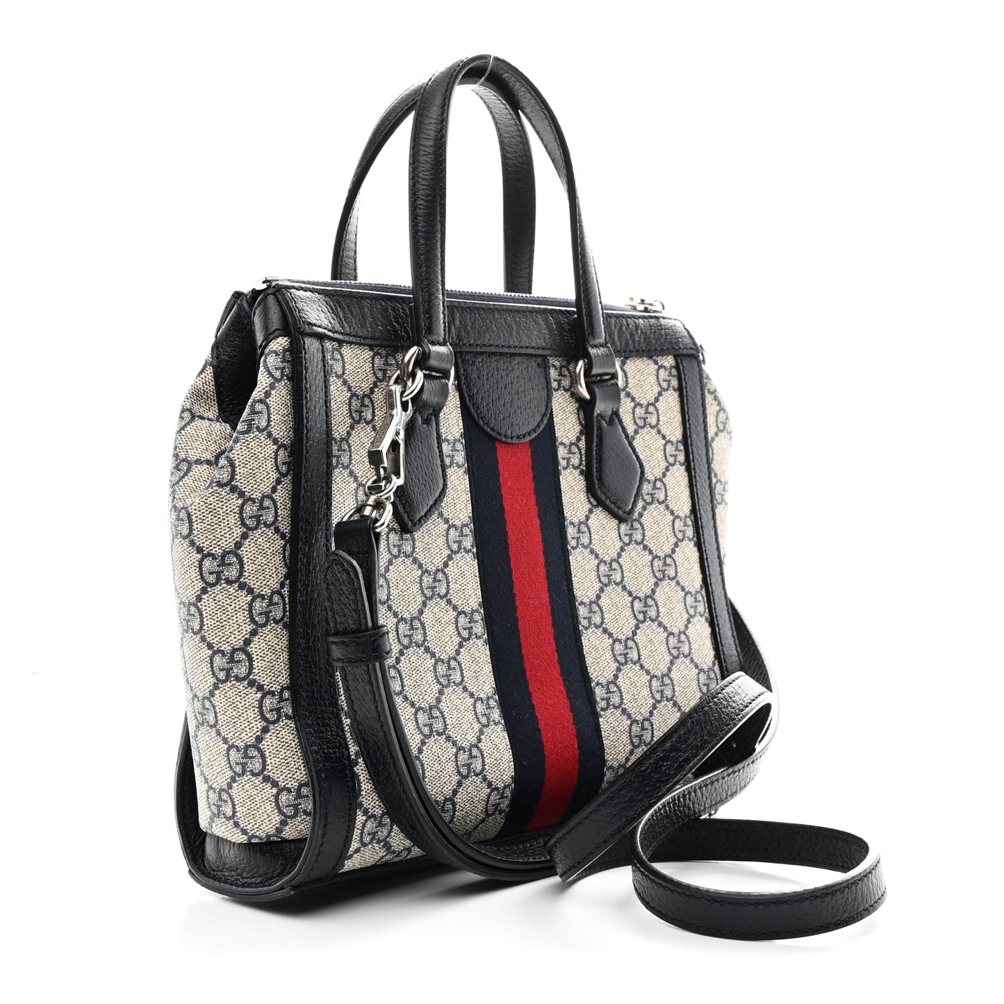GG Supreme Monogram Textured Dollar Calfskin Web Small Ophidia Tote Bag Beige Blue