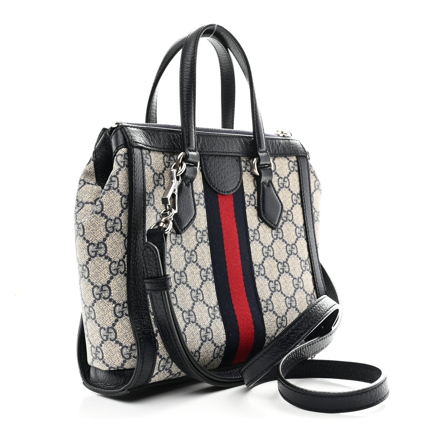 Gucci GG Supreme Monogram Textured Dollar Calfskin Web Small Ophidia Tote Bag Beige Blue 3 of 10