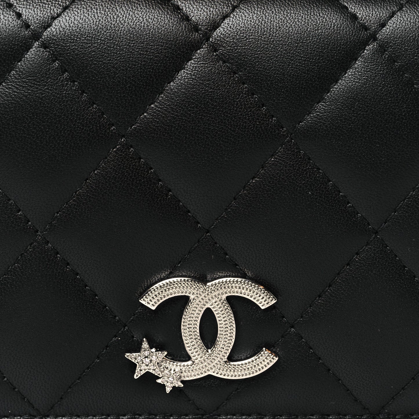 Lambskin Quilted Crystal Star CC Compact Bifold Wallet Black