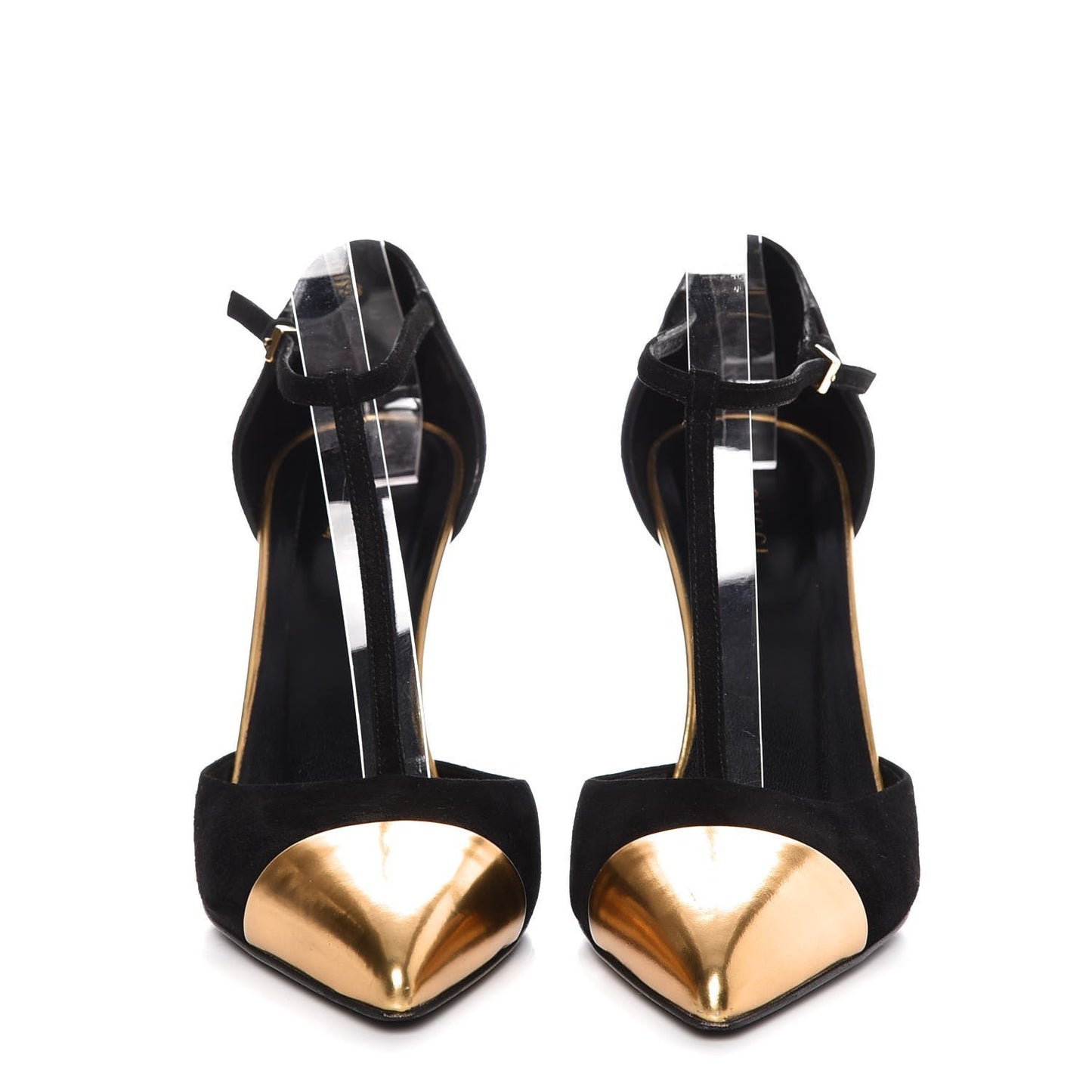 Suede Metallic Cap Toe T-Strap Coline Pumps 38 Black Gold