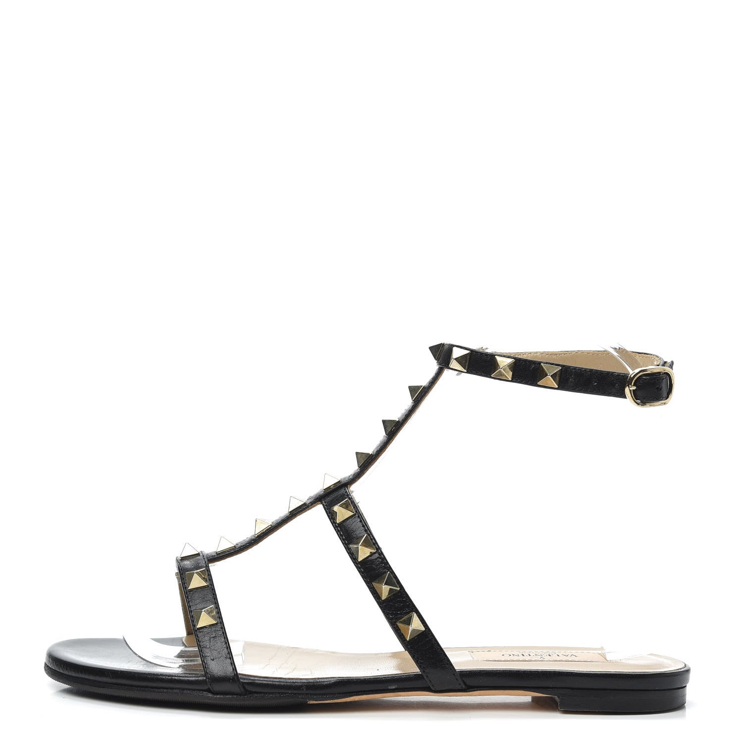 Valentino Garavani Calfskin Rockstud Ankle Strap Flat Sandals 37 Black 1 of 7