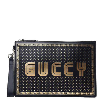 Gucci X SEGA Calfskin GUCCY Stars Zip Wristlet Pouch Black Gold 1 of 11