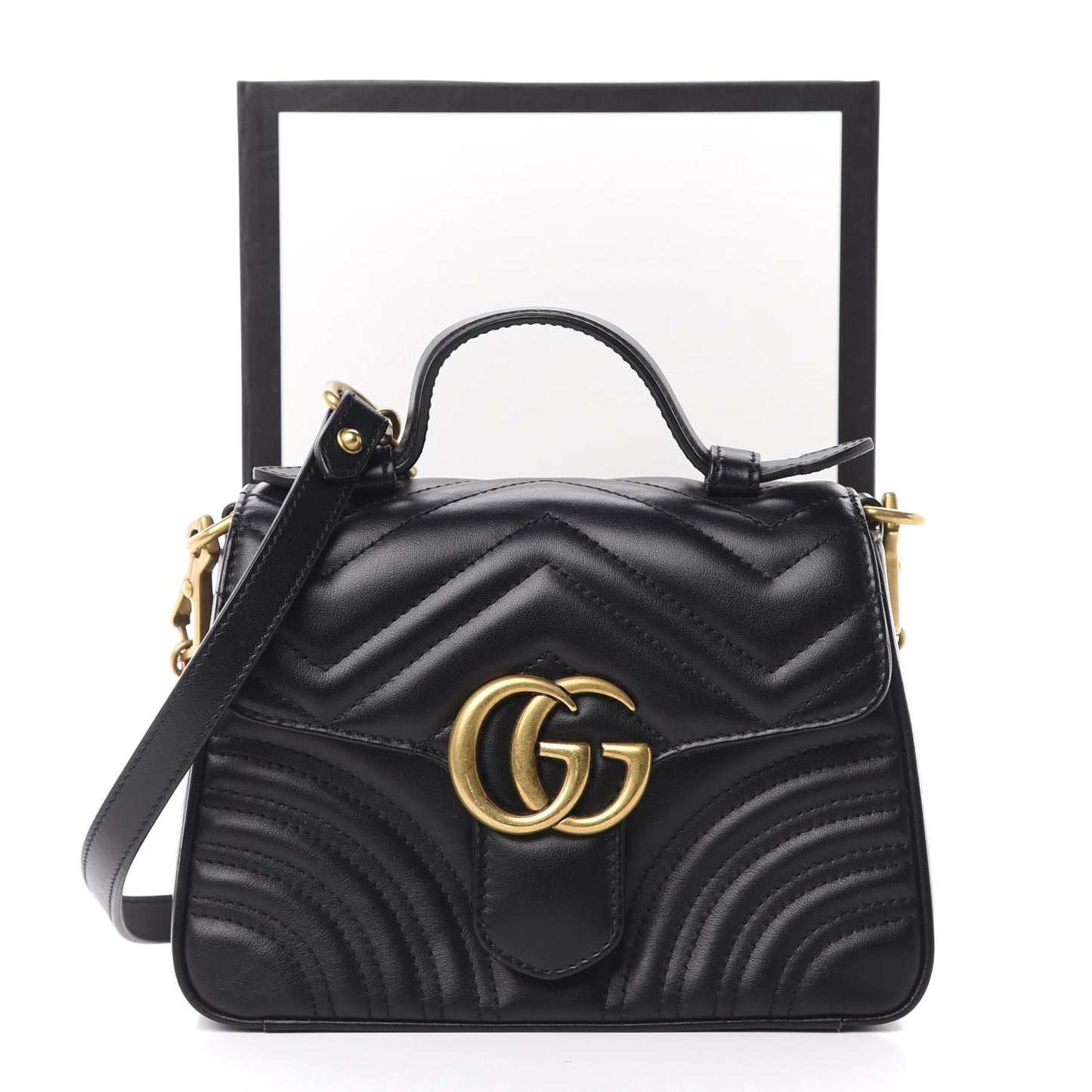 Calfskin Matelasse Mini GG Marmont Top Handle Shoulder Bag Black