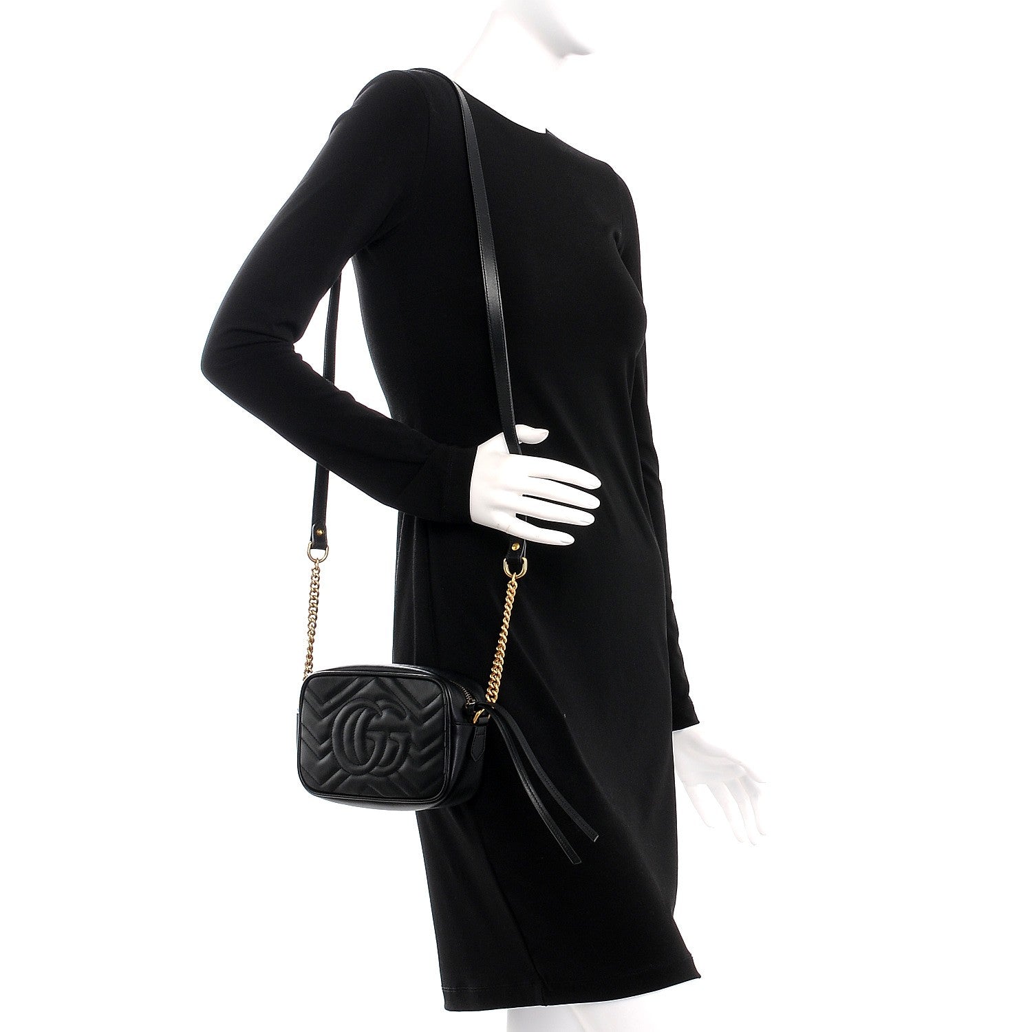 Gucci Calfskin Matelasse Mini GG Marmont Chain Shoulder Bag Black 2 of 7