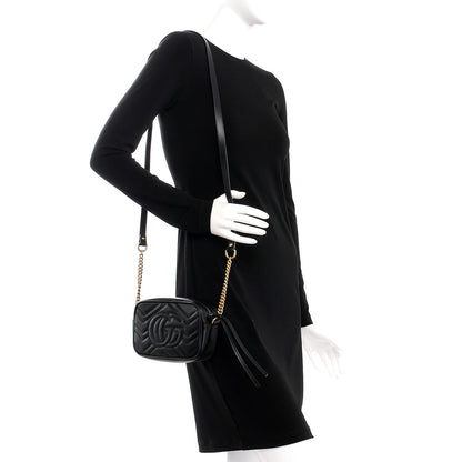 Gucci Calfskin Matelasse Mini GG Marmont Chain Shoulder Bag Black 2 of 7