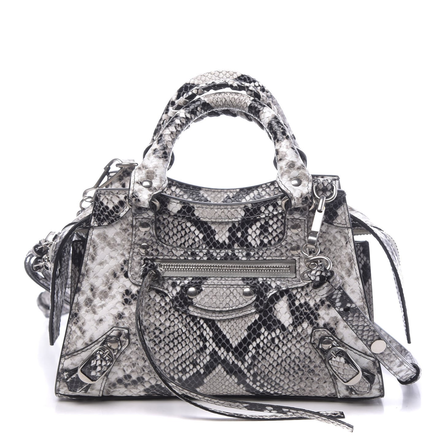 Grained Calfskin Snake Effect Neo Classic Silver Hardware Mini City Black White