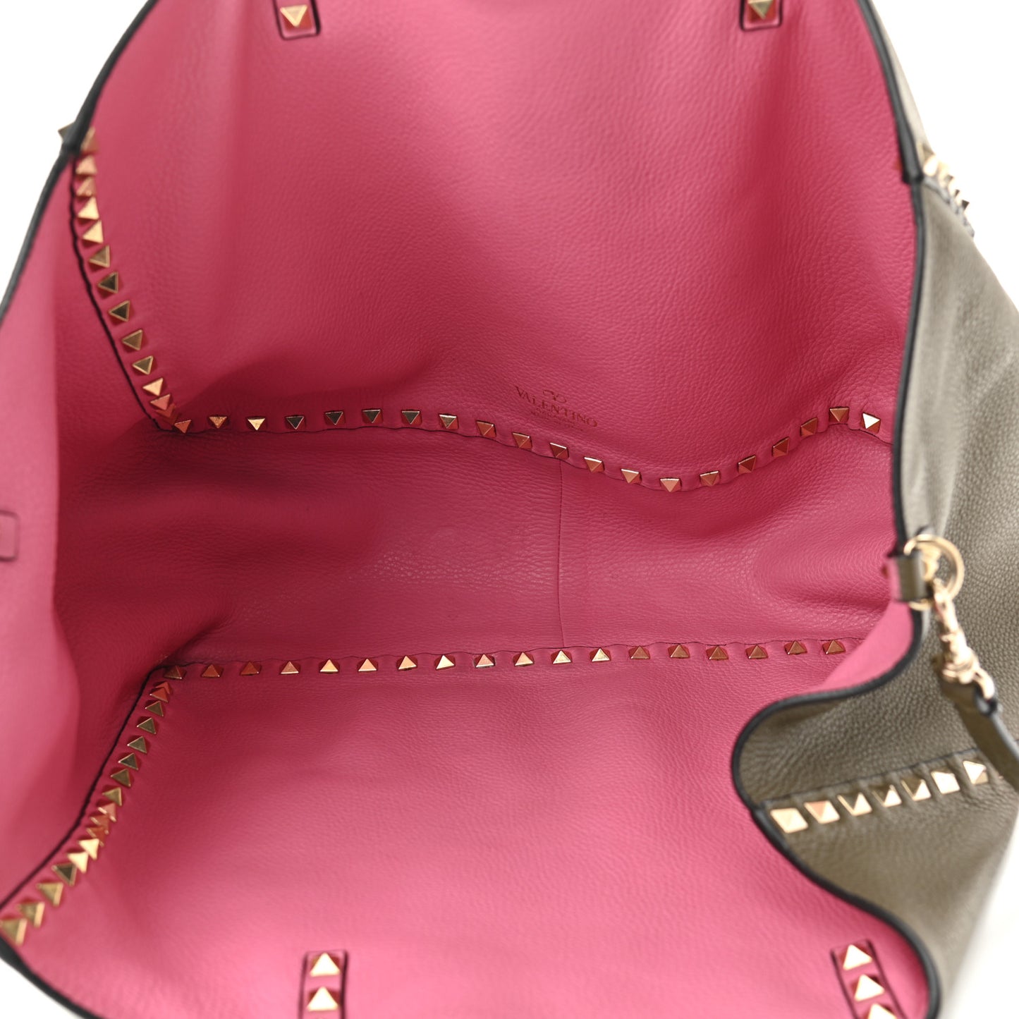 Grained Calfskin Medium Rockstud Reversible Tote Army Green Pink
