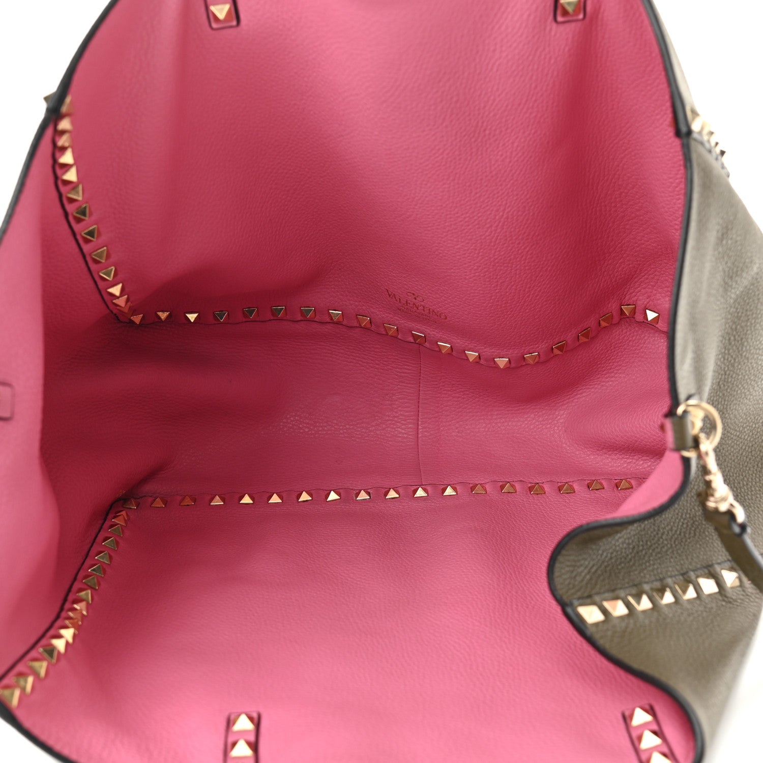 Valentino Garavani Grained Calfskin Medium Rockstud Reversible Tote Army Green Pink 8 of 16