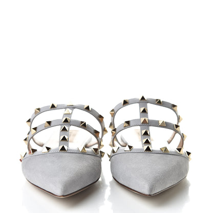 Valentino Garavani Suede Rockstud Flat Cage Mules 37.5 Pastel Grey 2 of 9