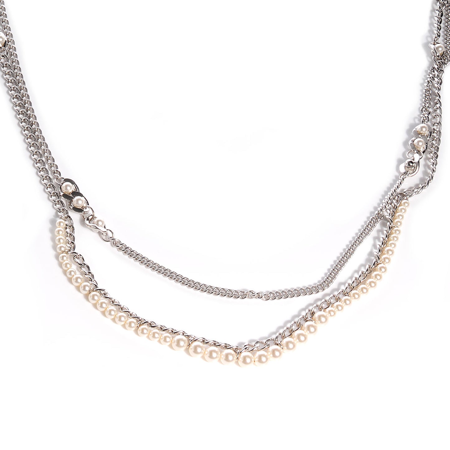 Pearl CC Long Chain Necklace Silver