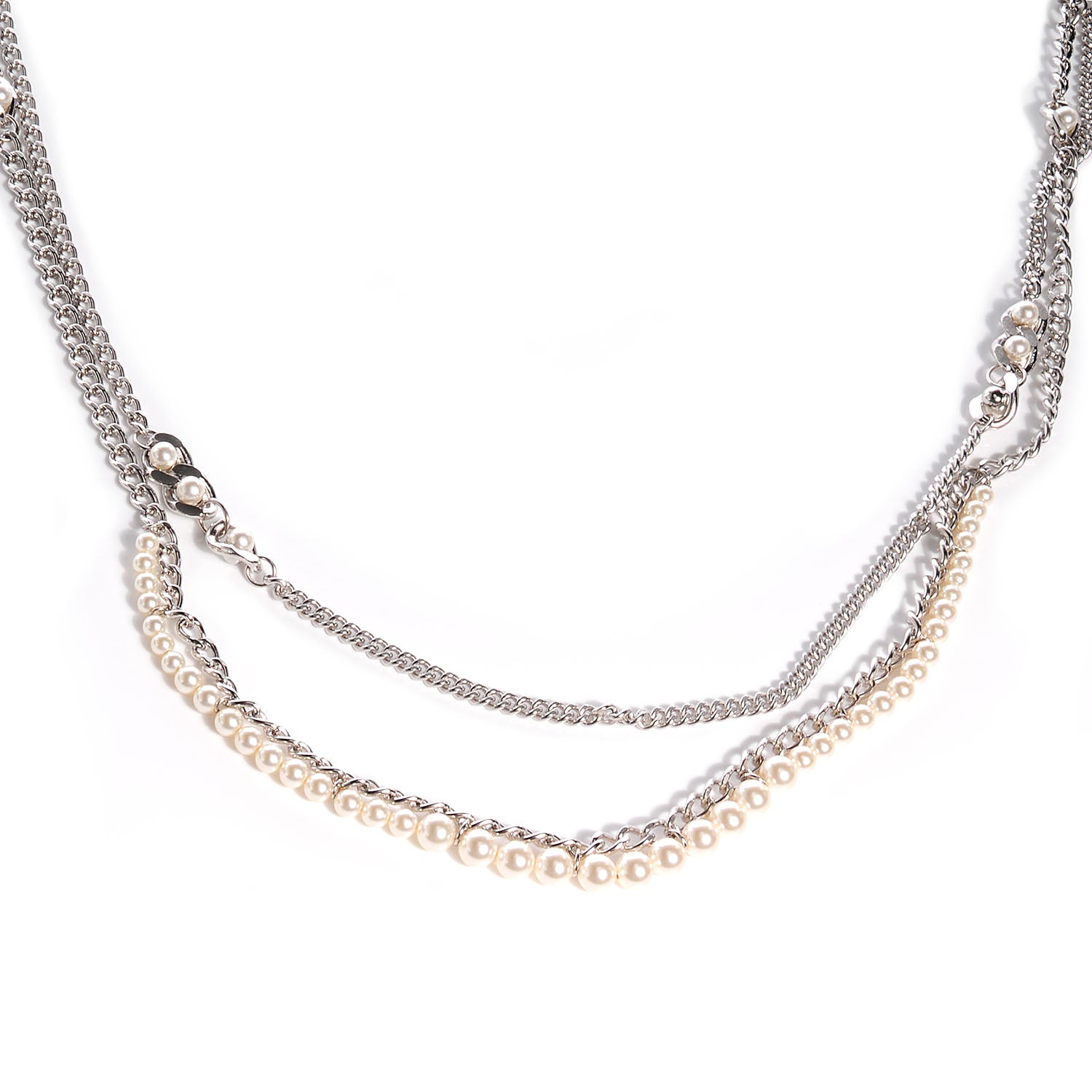 Chanel Pearl CC Long Chain Necklace Silver 1 of 6