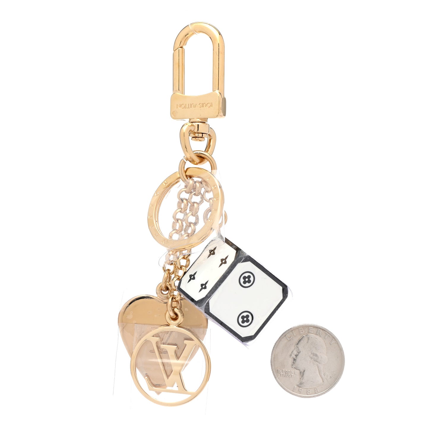 Metal Resin Game On Dice and Heart Charm Key Holder Gold