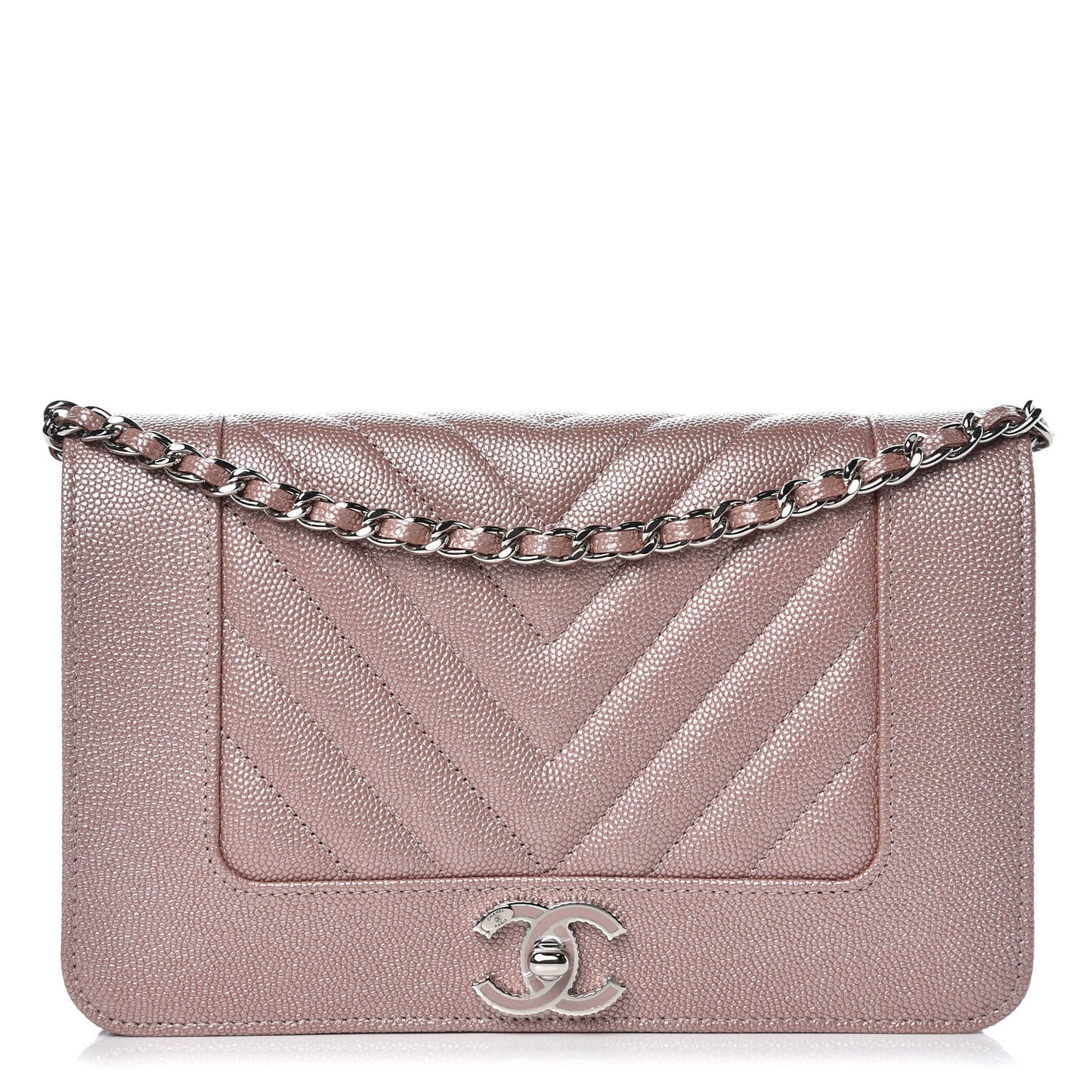 Metallic Caviar Chevron Quilted Vintage Mademoiselle Wallet On Chain WOC Pink