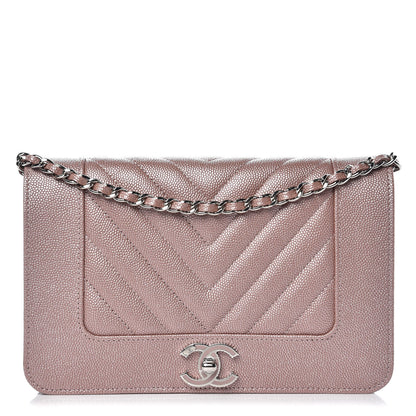 Chanel Metallic Caviar Chevron Quilted Vintage Mademoiselle Wallet On Chain WOC Pink 1 of 9