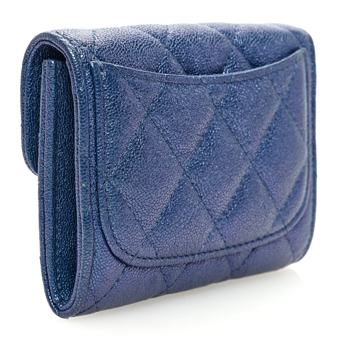 Iridescent Caviar Flap Quilted Card Holder Wallet Dark Blue