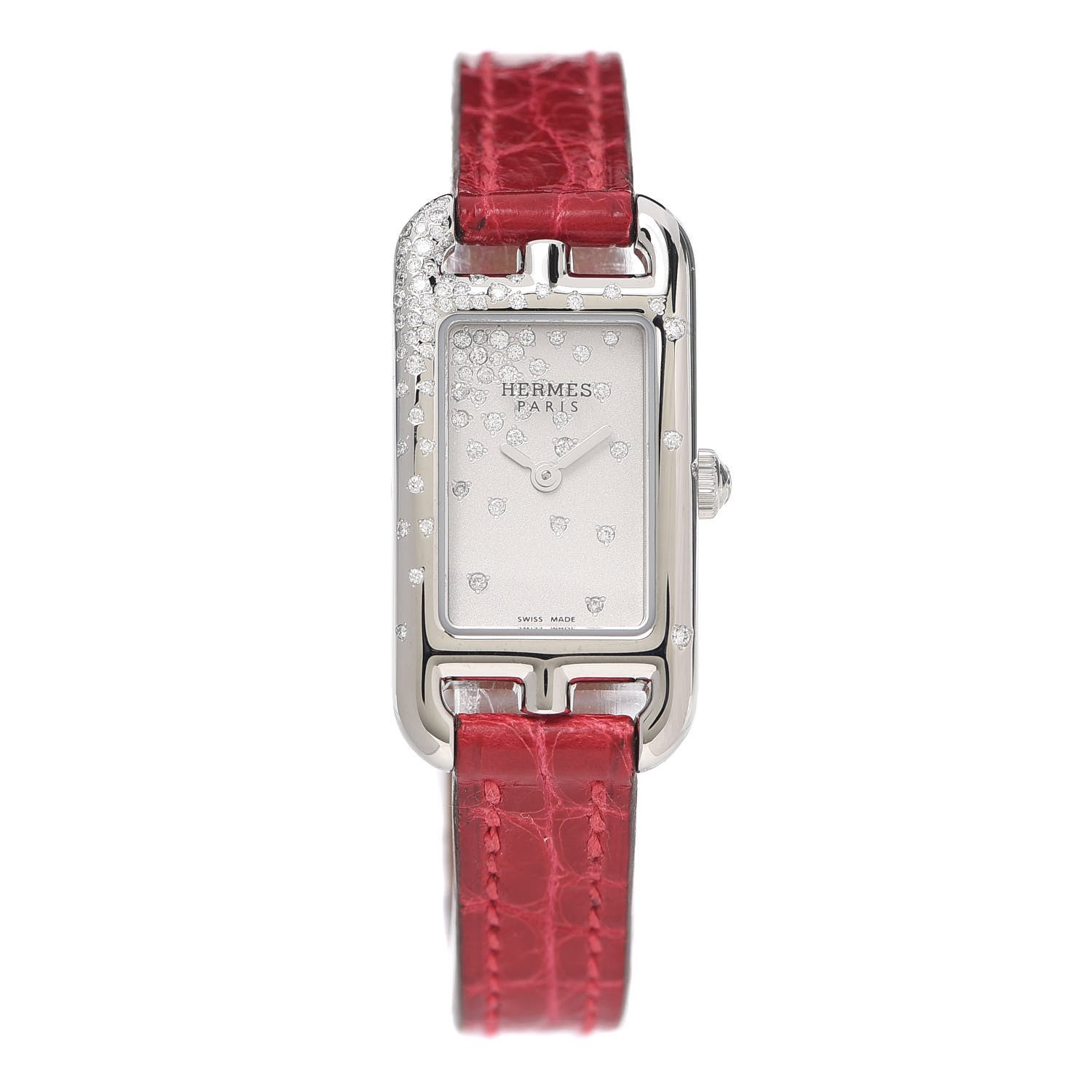 Hermes Stainless Steel Alligator Diamond 17mm Nantucket Jete De Diamants Quartz Watch Braise 1 of 5