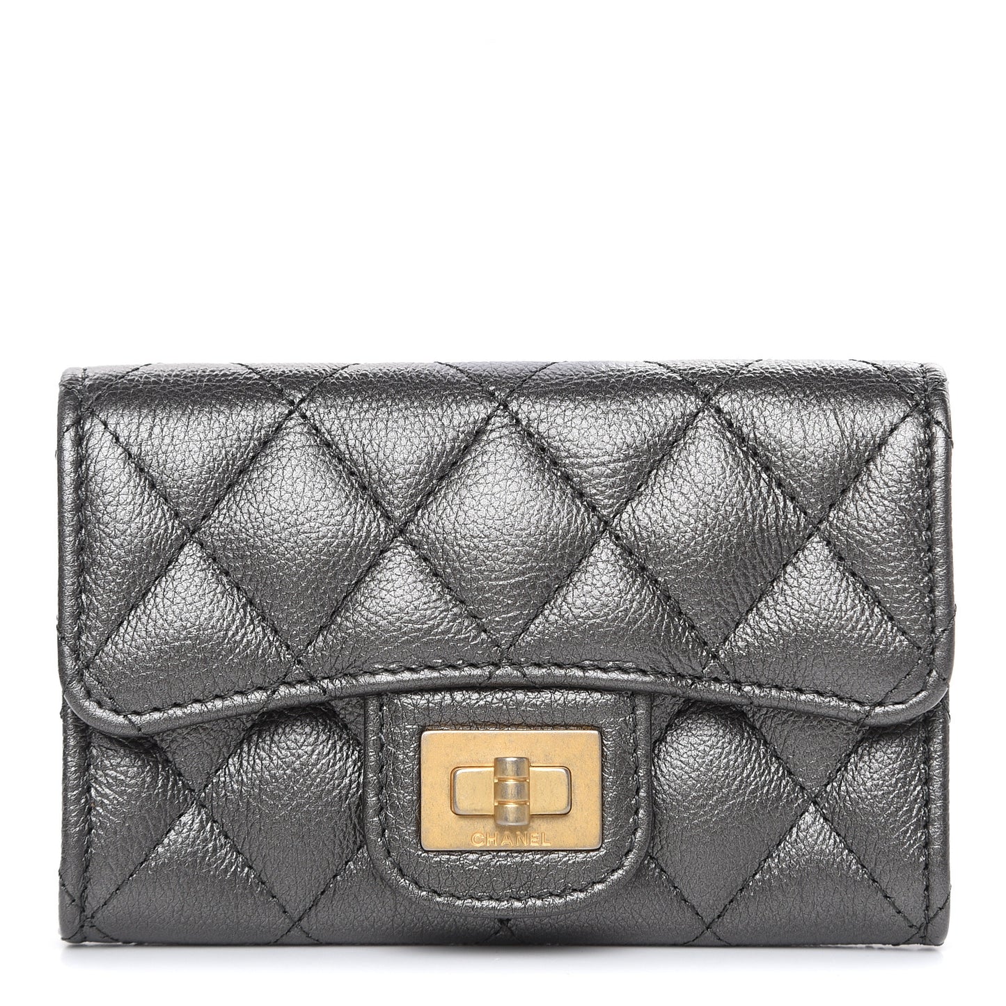 Metallic Calfskin Quilted Reissue Flap Card Holder Grey