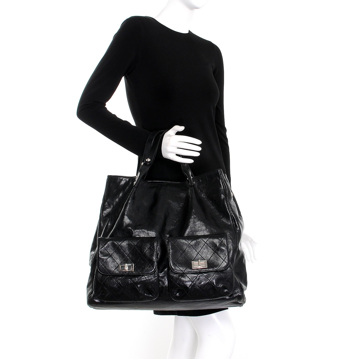 Chanel Glazed Caviar Large Pocket In The City Tote Black 2 of 7