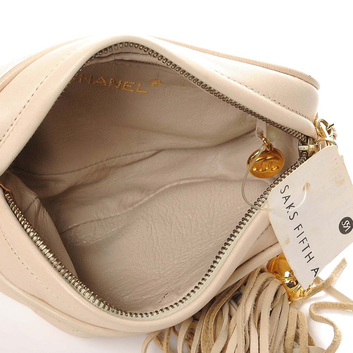 Lambskin Quilted Tassel Camera Case Beige