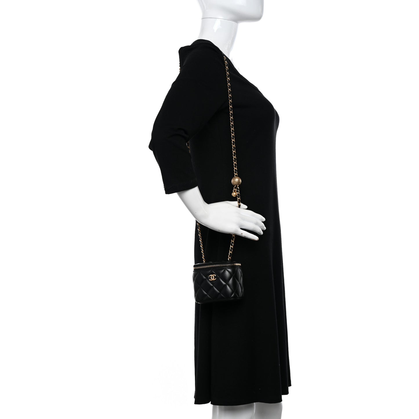 Lambskin Quilted Mini Pearl Crush Vanity Case With Chain Black
