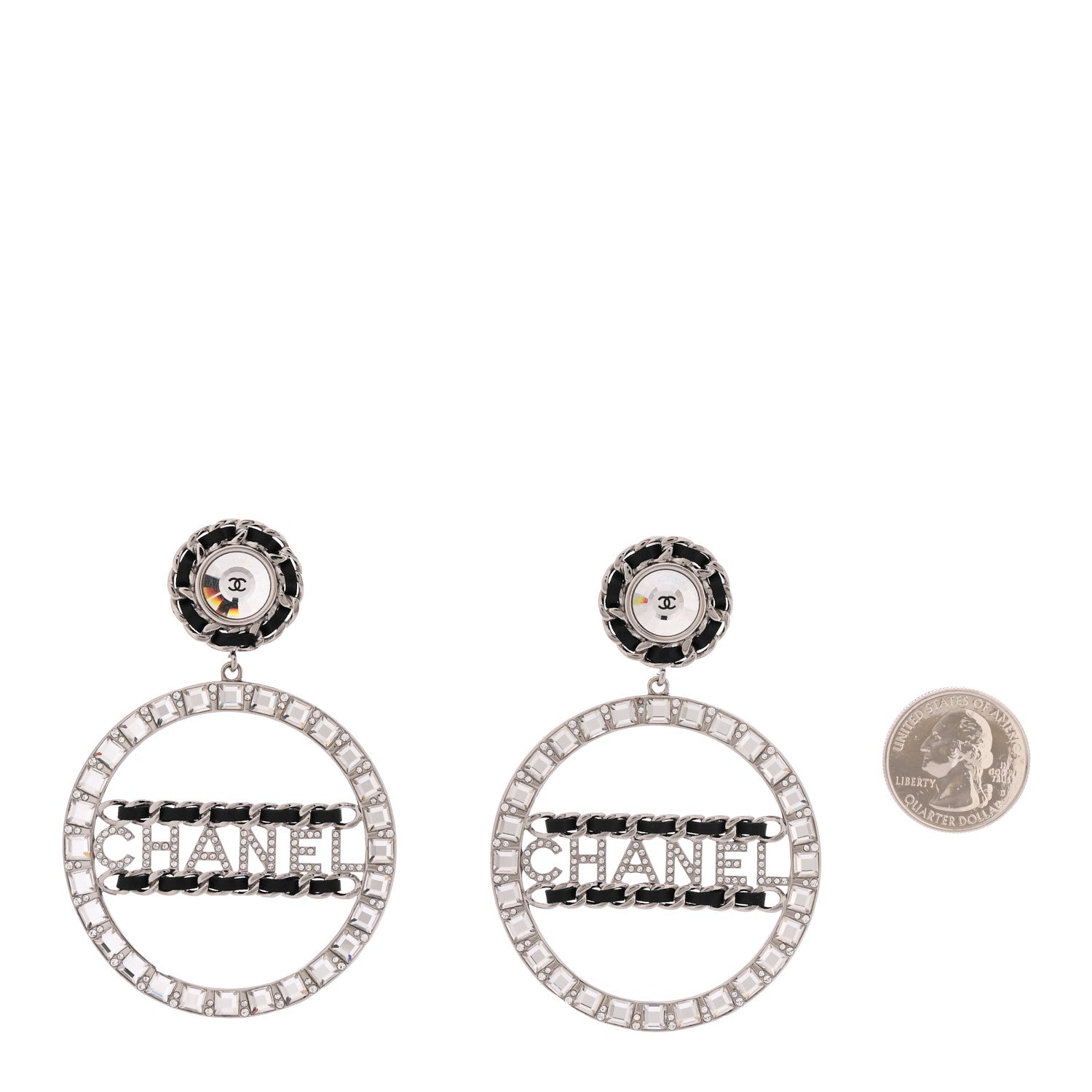 Chanel Crystal Lambskin Chain CC Hoop Clip On Earrings Black Silver 2 of 4
