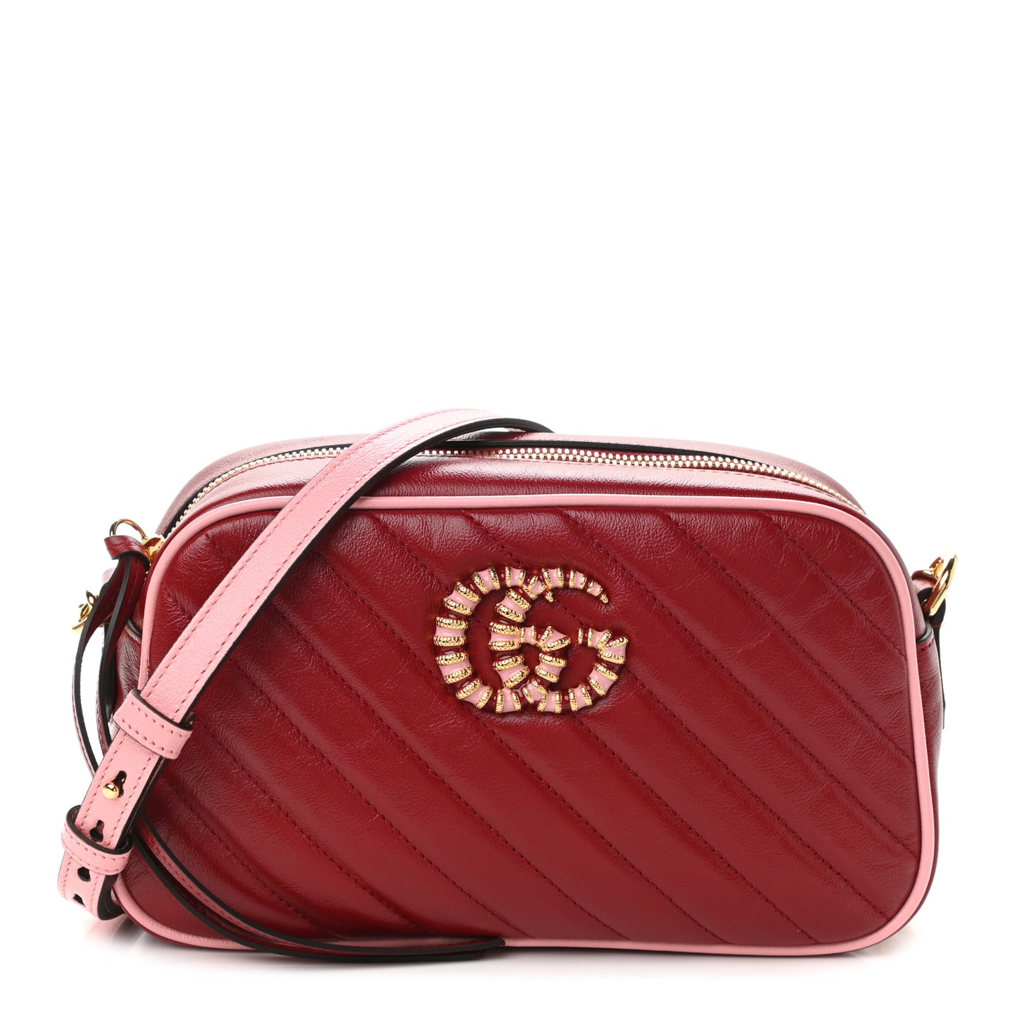 Azalea Calfskin Enamel Matelasse Diagonal Small Torchon GG Marmont Chain Shoulder Bag New Cherry Red Wild Rose