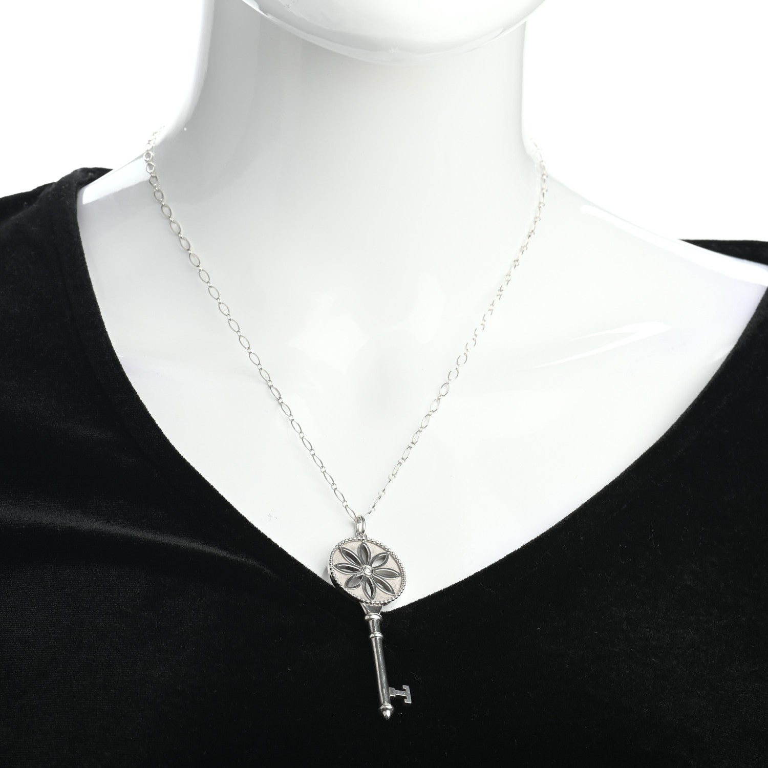 Tiffany Sterling Silver Diamond Large Daisy Key Pendant Link Necklace 2 of 4