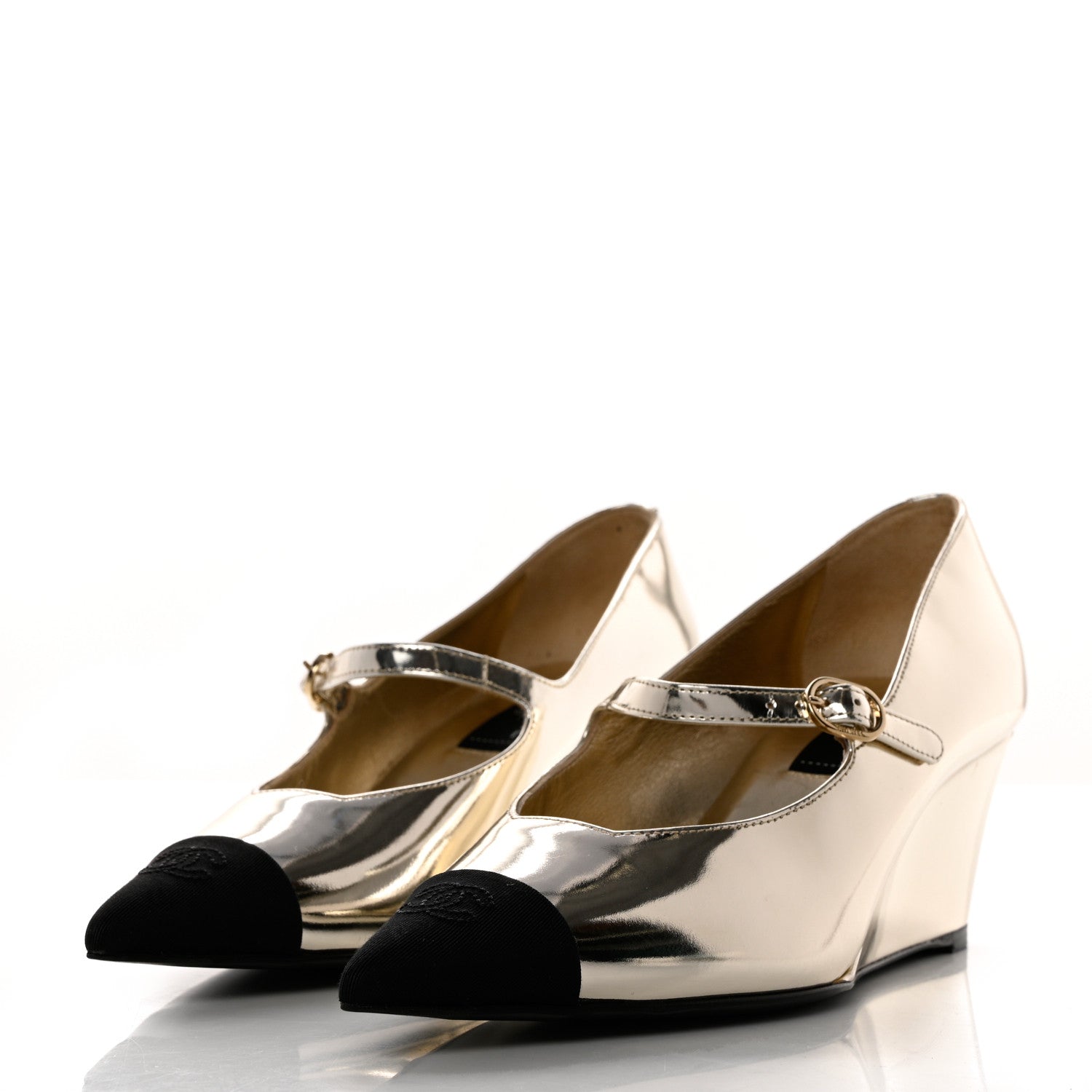 Chanel Laminated Calfskin Grosgrain Cap Toe CC Pointed Toe Wedge Pumps 38 Gold Black 3 of 9