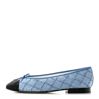 Chanel Denim Embroidered Grosgrain CC Cap Toe Ballerina Flats 37 Blue Black 1 of 9
