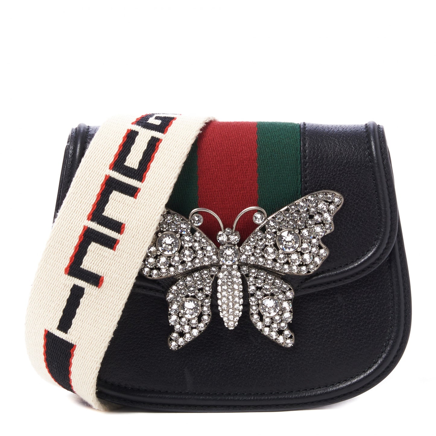 Calfskin Web Crystal Butterfly Stripe Small Totem Shoulder Bag Black