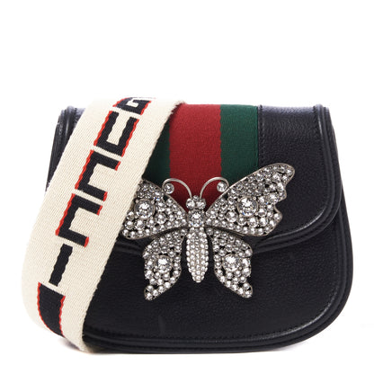 Gucci Calfskin Web Crystal Butterfly Stripe Small Totem Shoulder Bag Black 1 of 9