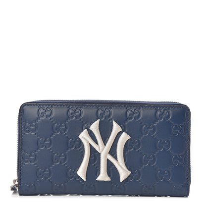 Gucci X MLB Guccissima Signature NY Yankees Embroidered Zip Around Wallet Royale Ivory 1 of 8