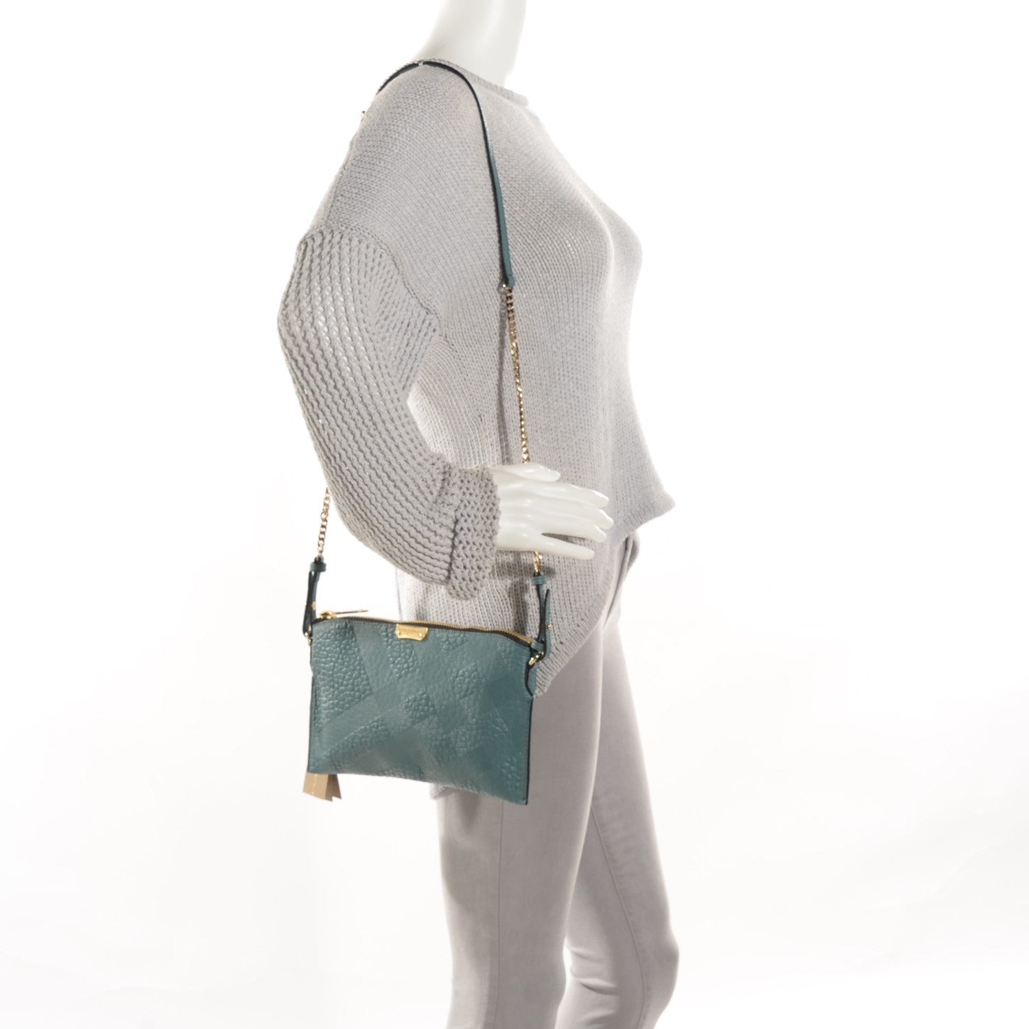 Burberry Signature Grain Calfskin Check Embossed Peyton Crossbody Clutch Bag Celadon Blue 2 of 8