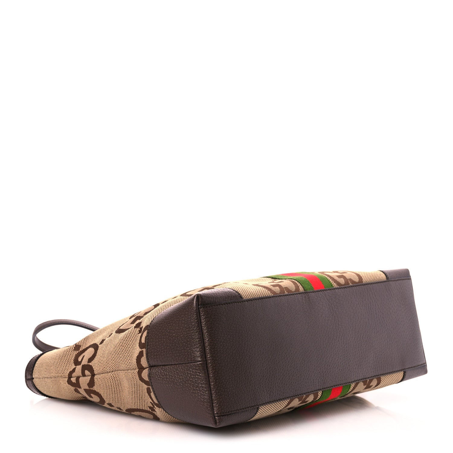 Gucci Monogram Jumbo GG Textured Dollar Calfskin Web Medium Ophidia Shopping Tote Camel Ebony 4 of 11