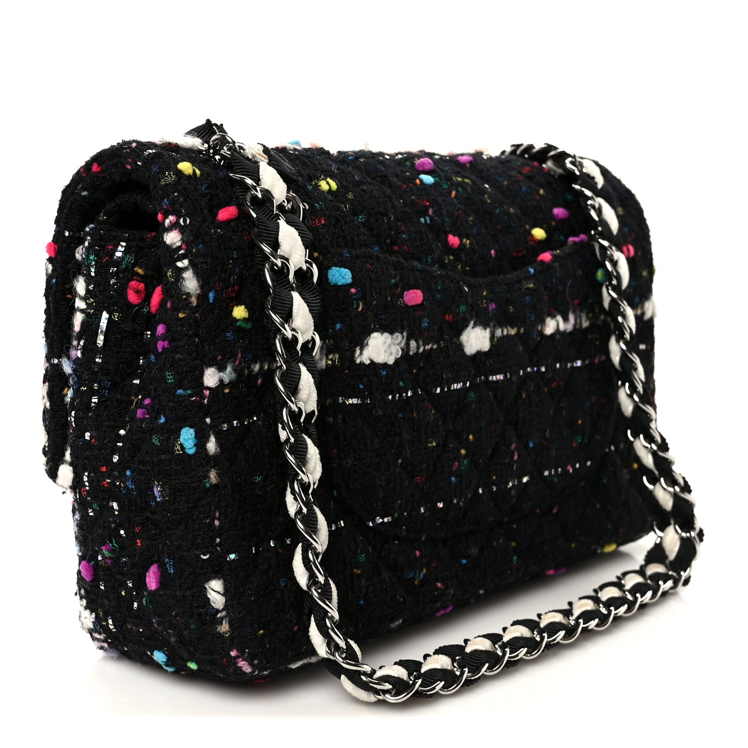 Chanel Tweed Quilted Medium Double Flap Black White Yellow Pink 3 of 11