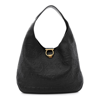Salvatore Ferragamo Calfskin Embossed Gancini Margot Hobo Black 3 of 11