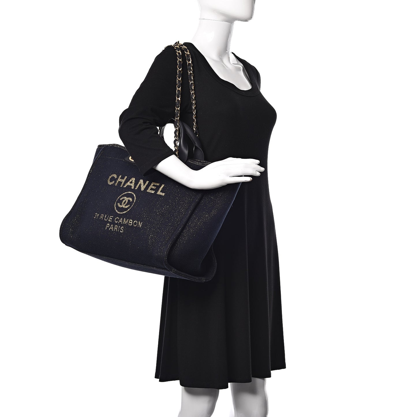 Lurex Canvas Medium Deauville Tote Navy Blue Gold