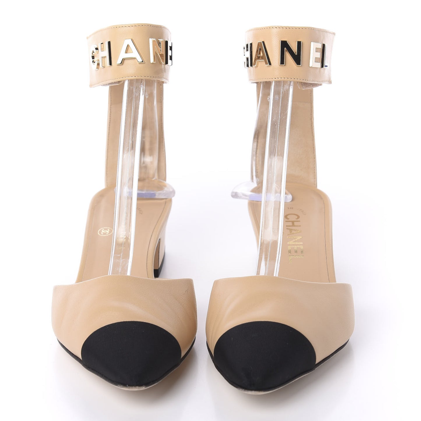 Lambskin Grosgrain Cap Toe Logo Ankle Strap Pumps 38 Beige Black